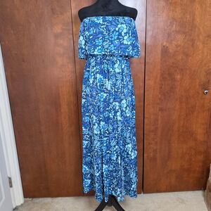 Jopna Womens Blue Floral Off-the-Shoulder Maxi Dress Size Large Rayon Tassel